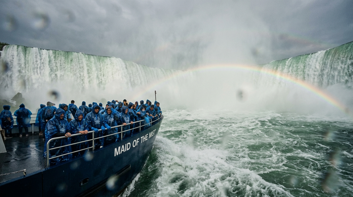 Boat tour approaching the Falls in Niagara